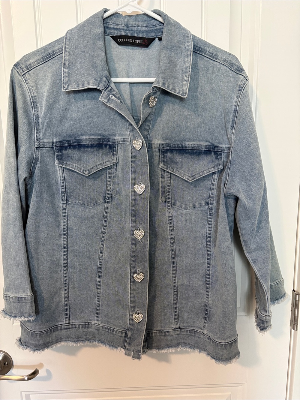 Colleen Lopez Light Wash Denim Jacket in Faded Blue With Heart Buttons